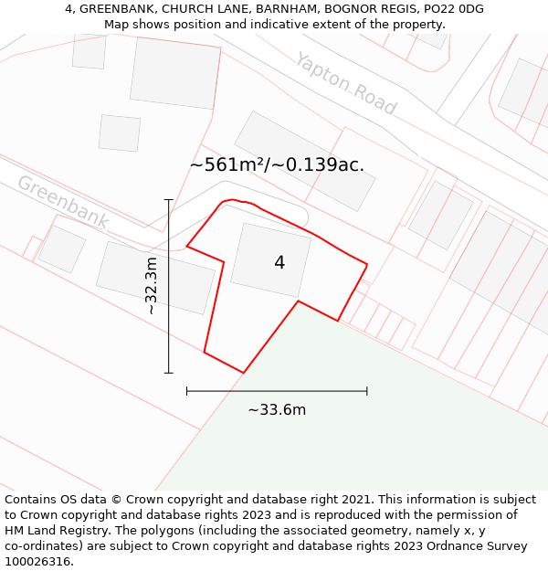 4, GREENBANK, CHURCH LANE, BARNHAM, BOGNOR REGIS, PO22 0DG: Plot and title map