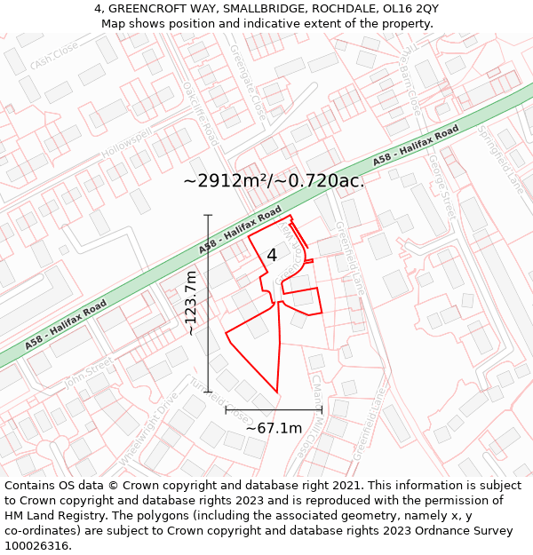 4, GREENCROFT WAY, SMALLBRIDGE, ROCHDALE, OL16 2QY: Plot and title map