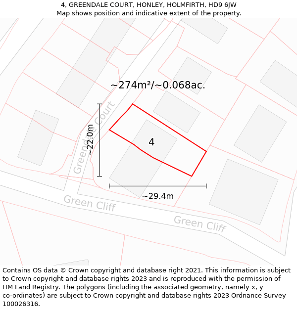 4, GREENDALE COURT, HONLEY, HOLMFIRTH, HD9 6JW: Plot and title map