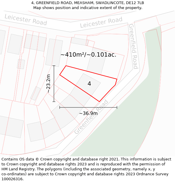 4, GREENFIELD ROAD, MEASHAM, SWADLINCOTE, DE12 7LB: Plot and title map