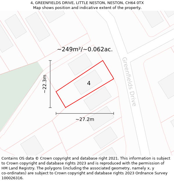 4, GREENFIELDS DRIVE, LITTLE NESTON, NESTON, CH64 0TX: Plot and title map