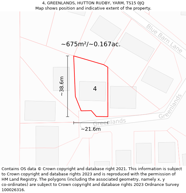 4, GREENLANDS, HUTTON RUDBY, YARM, TS15 0JQ: Plot and title map