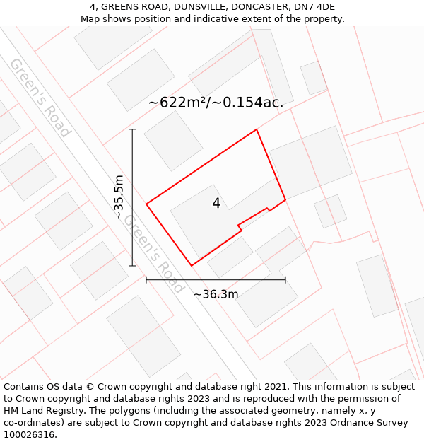 4, GREENS ROAD, DUNSVILLE, DONCASTER, DN7 4DE: Plot and title map