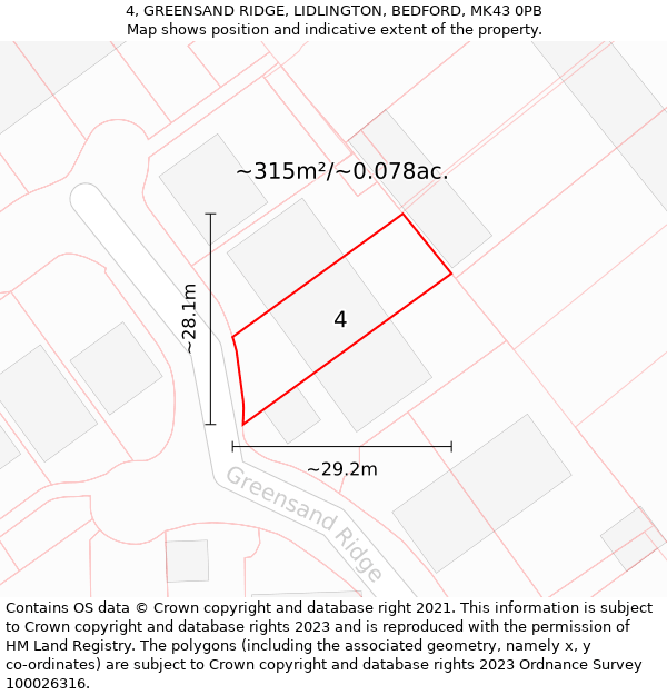 4, GREENSAND RIDGE, LIDLINGTON, BEDFORD, MK43 0PB: Plot and title map