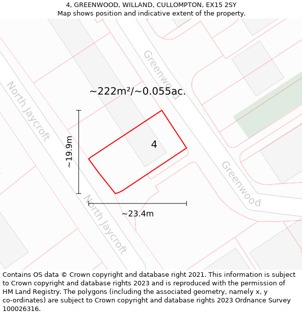 4, GREENWOOD, WILLAND, CULLOMPTON, EX15 2SY: Plot and title map