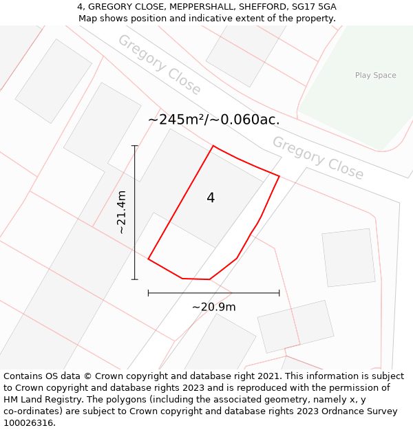 4, GREGORY CLOSE, MEPPERSHALL, SHEFFORD, SG17 5GA: Plot and title map