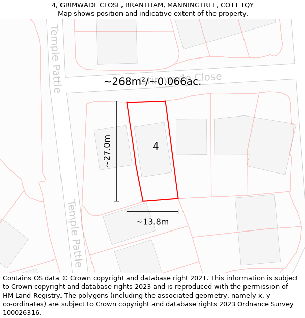 4, GRIMWADE CLOSE, BRANTHAM, MANNINGTREE, CO11 1QY: Plot and title map