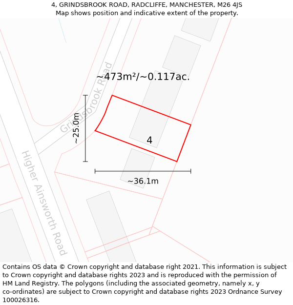 4, GRINDSBROOK ROAD, RADCLIFFE, MANCHESTER, M26 4JS: Plot and title map