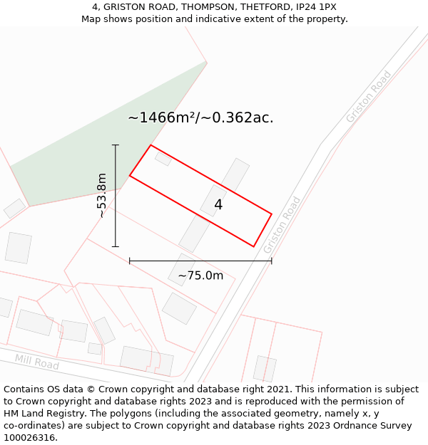 4, GRISTON ROAD, THOMPSON, THETFORD, IP24 1PX: Plot and title map