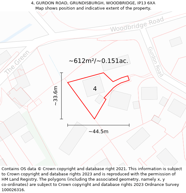 4, GURDON ROAD, GRUNDISBURGH, WOODBRIDGE, IP13 6XA: Plot and title map