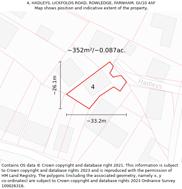 4, HADLEYS, LICKFOLDS ROAD, ROWLEDGE, FARNHAM, GU10 4AF: Plot and title map