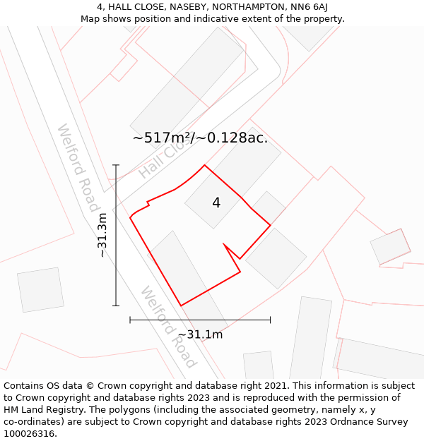 4, HALL CLOSE, NASEBY, NORTHAMPTON, NN6 6AJ: Plot and title map