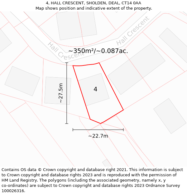 4, HALL CRESCENT, SHOLDEN, DEAL, CT14 0AA: Plot and title map