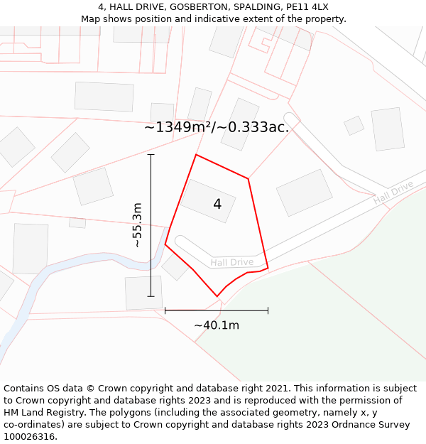 4, HALL DRIVE, GOSBERTON, SPALDING, PE11 4LX: Plot and title map