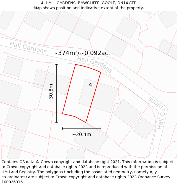 4, HALL GARDENS, RAWCLIFFE, GOOLE, DN14 8TP: Plot and title map