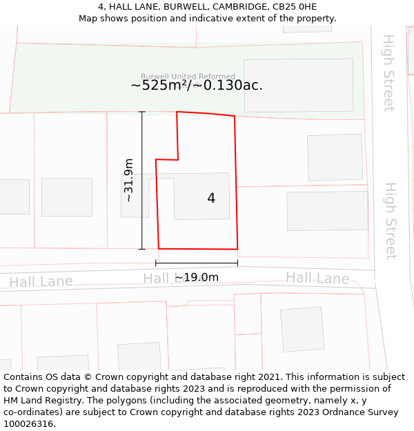 4, HALL LANE, BURWELL, CAMBRIDGE, CB25 0HE: Plot and title map