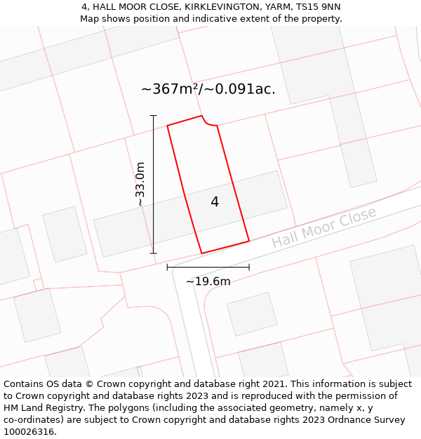 4, HALL MOOR CLOSE, KIRKLEVINGTON, YARM, TS15 9NN: Plot and title map
