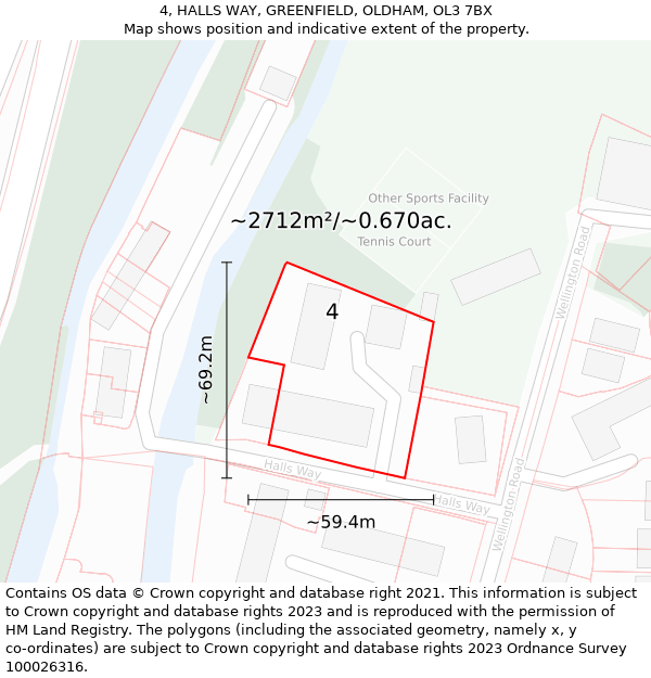 4, HALLS WAY, GREENFIELD, OLDHAM, OL3 7BX: Plot and title map