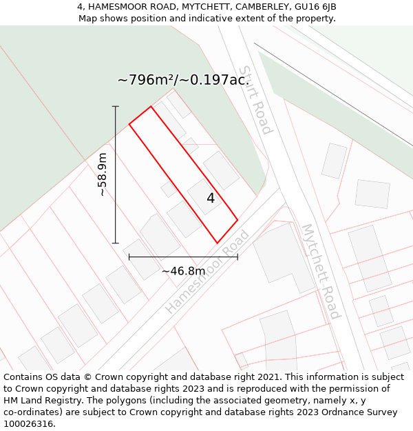 4, HAMESMOOR ROAD, MYTCHETT, CAMBERLEY, GU16 6JB: Plot and title map