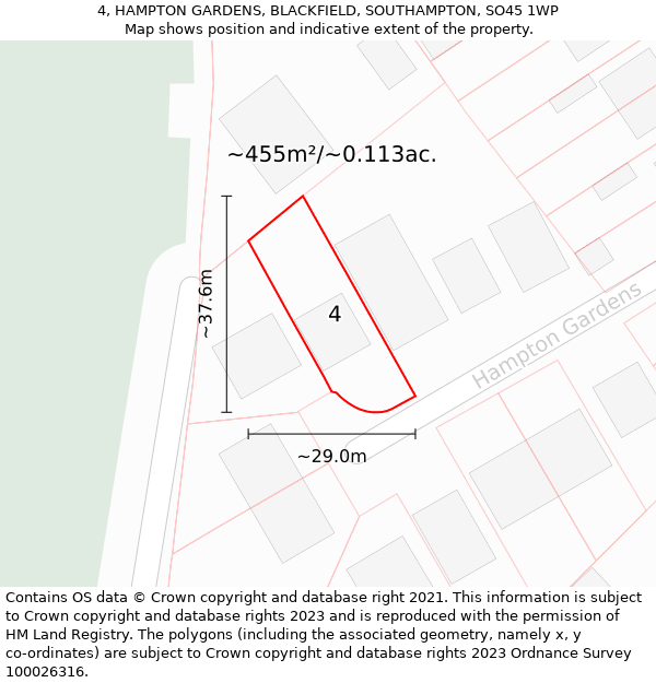 4, HAMPTON GARDENS, BLACKFIELD, SOUTHAMPTON, SO45 1WP: Plot and title map