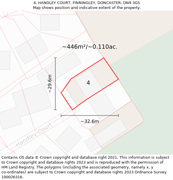 4, HANDLEY COURT, FINNINGLEY, DONCASTER, DN9 3GS: Plot and title map