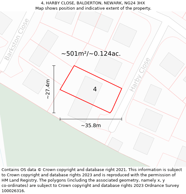 4, HARBY CLOSE, BALDERTON, NEWARK, NG24 3HX: Plot and title map