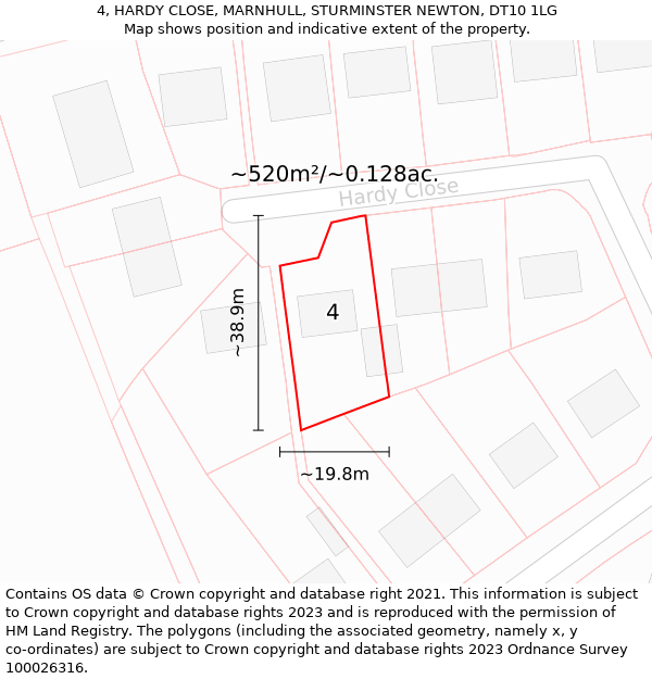 4, HARDY CLOSE, MARNHULL, STURMINSTER NEWTON, DT10 1LG: Plot and title map