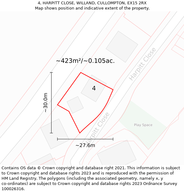 4, HARPITT CLOSE, WILLAND, CULLOMPTON, EX15 2RX: Plot and title map