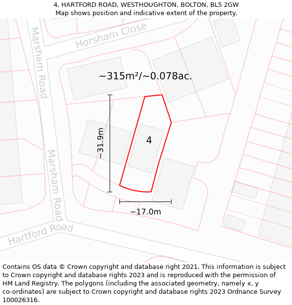 4, HARTFORD ROAD, WESTHOUGHTON, BOLTON, BL5 2GW: Plot and title map