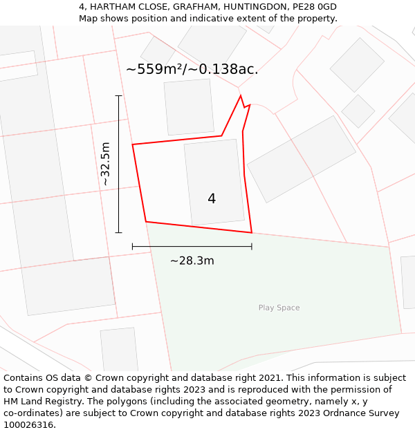 4, HARTHAM CLOSE, GRAFHAM, HUNTINGDON, PE28 0GD: Plot and title map