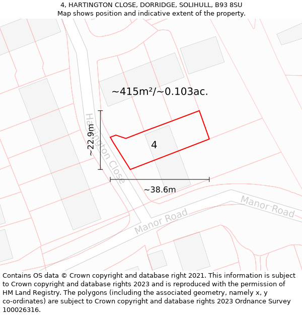 4, HARTINGTON CLOSE, DORRIDGE, SOLIHULL, B93 8SU: Plot and title map