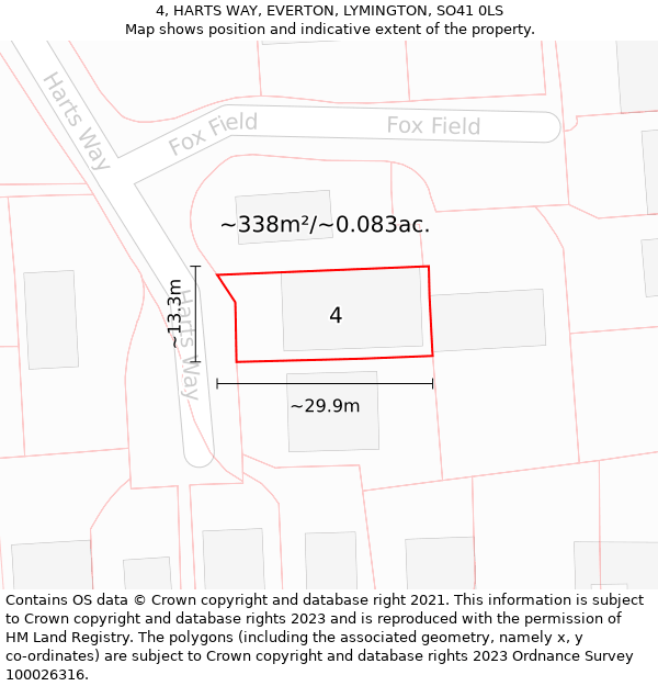 4, HARTS WAY, EVERTON, LYMINGTON, SO41 0LS: Plot and title map