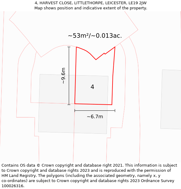 4, HARVEST CLOSE, LITTLETHORPE, LEICESTER, LE19 2JW: Plot and title map