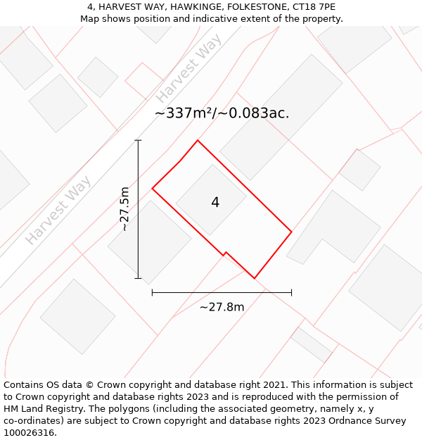 4, HARVEST WAY, HAWKINGE, FOLKESTONE, CT18 7PE: Plot and title map