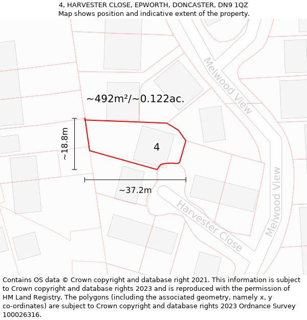 4, HARVESTER CLOSE, EPWORTH, DONCASTER, DN9 1QZ: Plot and title map