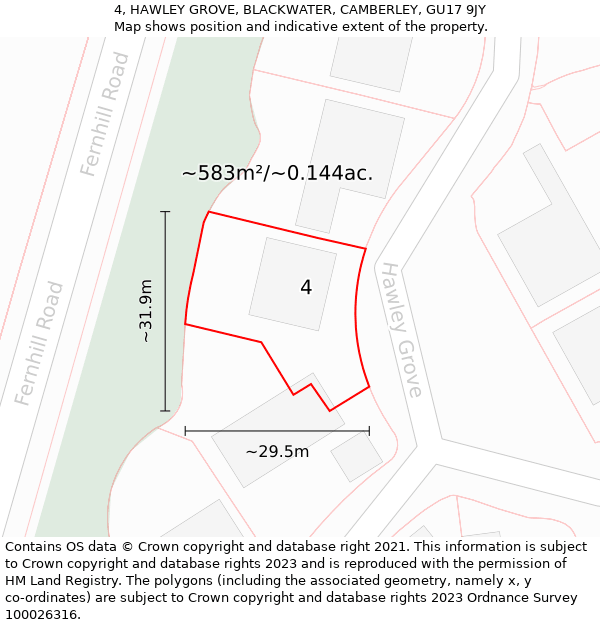 4, HAWLEY GROVE, BLACKWATER, CAMBERLEY, GU17 9JY: Plot and title map