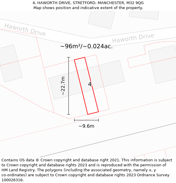 4, HAWORTH DRIVE, STRETFORD, MANCHESTER, M32 9QG: Plot and title map