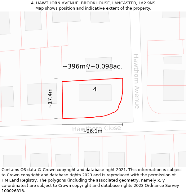 4, HAWTHORN AVENUE, BROOKHOUSE, LANCASTER, LA2 9NS: Plot and title map