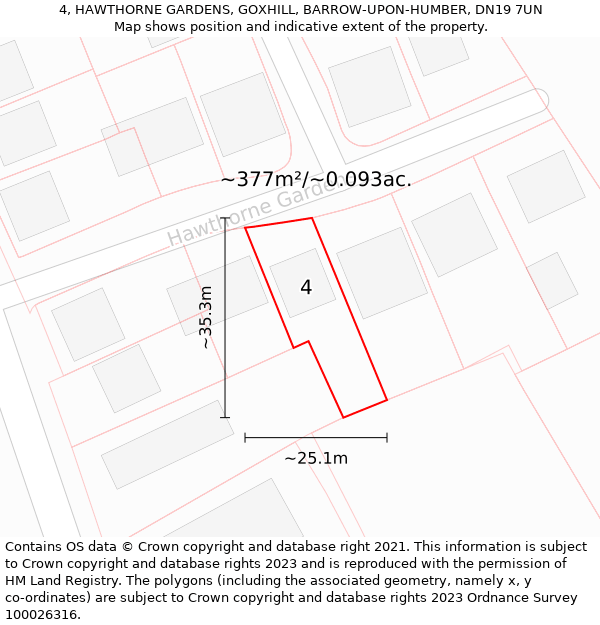 4, HAWTHORNE GARDENS, GOXHILL, BARROW-UPON-HUMBER, DN19 7UN: Plot and title map