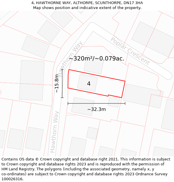 4, HAWTHORNE WAY, ALTHORPE, SCUNTHORPE, DN17 3HA: Plot and title map