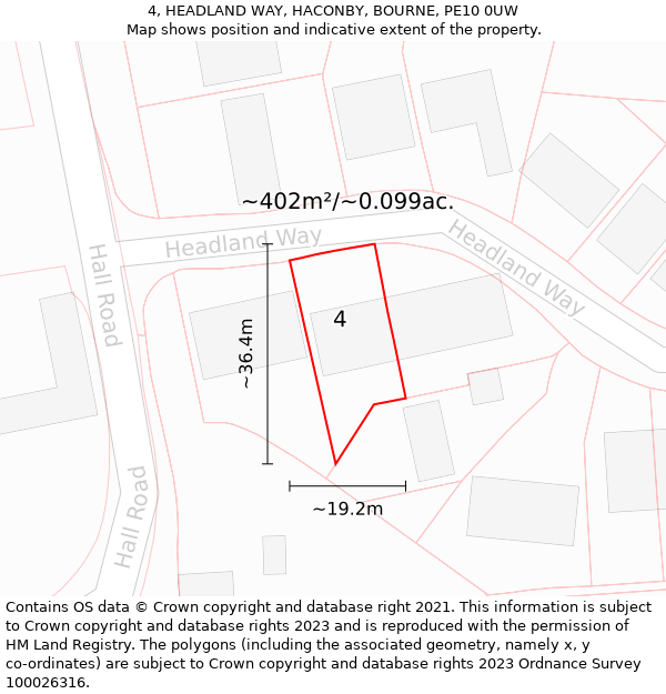 4, HEADLAND WAY, HACONBY, BOURNE, PE10 0UW: Plot and title map