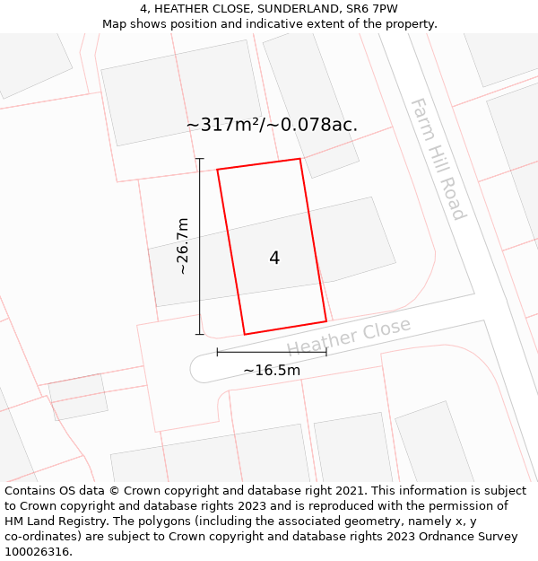 4, HEATHER CLOSE, SUNDERLAND, SR6 7PW: Plot and title map