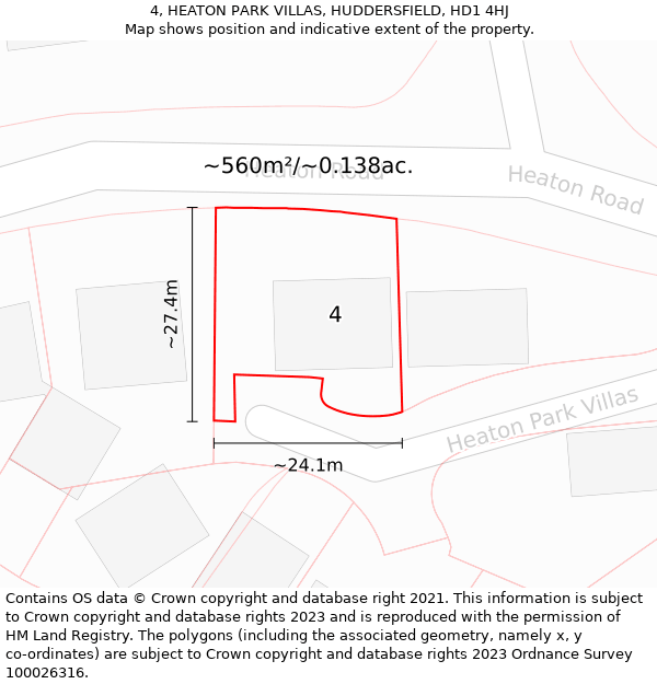 4, HEATON PARK VILLAS, HUDDERSFIELD, HD1 4HJ: Plot and title map