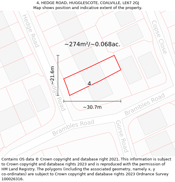 4, HEDGE ROAD, HUGGLESCOTE, COALVILLE, LE67 2GJ: Plot and title map