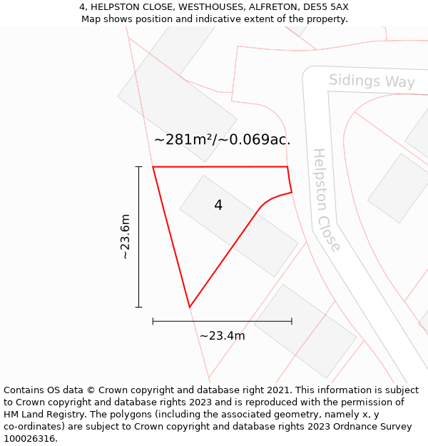 4, HELPSTON CLOSE, WESTHOUSES, ALFRETON, DE55 5AX: Plot and title map