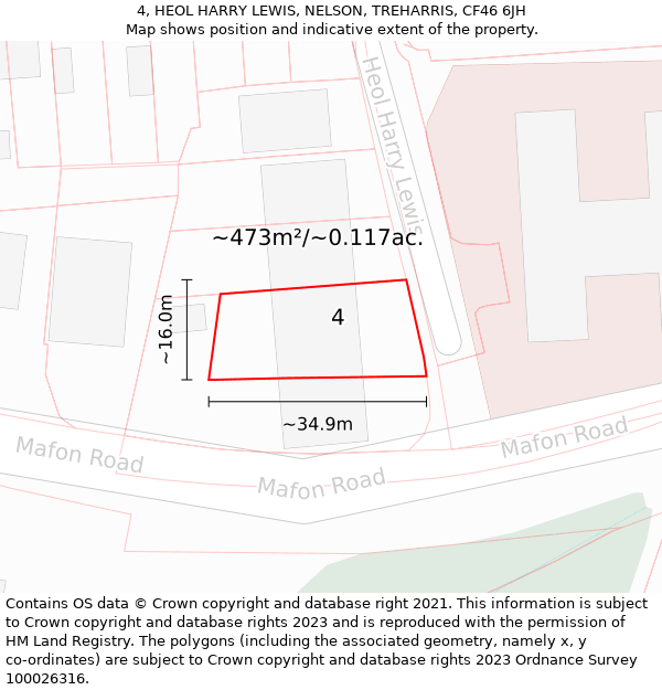 4, HEOL HARRY LEWIS, NELSON, TREHARRIS, CF46 6JH: Plot and title map