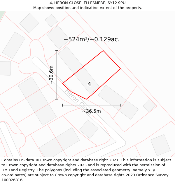 4, HERON CLOSE, ELLESMERE, SY12 9PU: Plot and title map