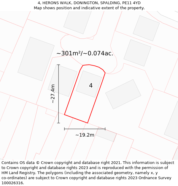 4, HERONS WALK, DONINGTON, SPALDING, PE11 4YD: Plot and title map