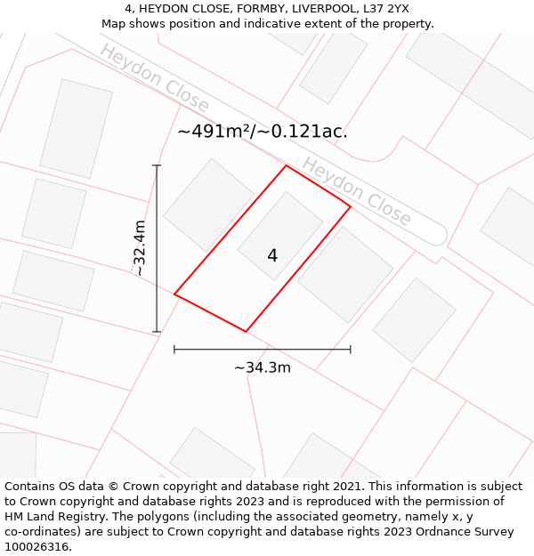 4, HEYDON CLOSE, FORMBY, LIVERPOOL, L37 2YX: Plot and title map