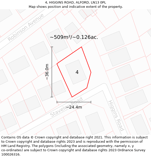 4, HIGGINS ROAD, ALFORD, LN13 0PL: Plot and title map